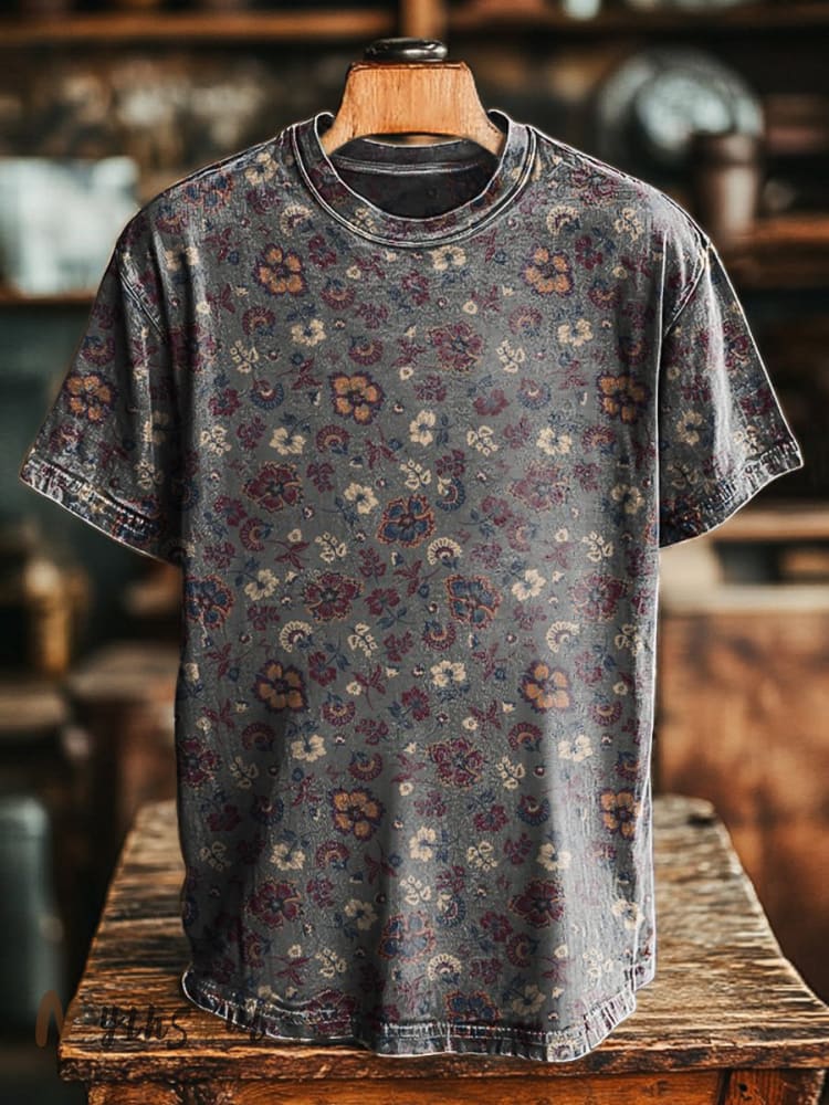 Unisex Vintage Ethnic Floral Art Print Casual Tee