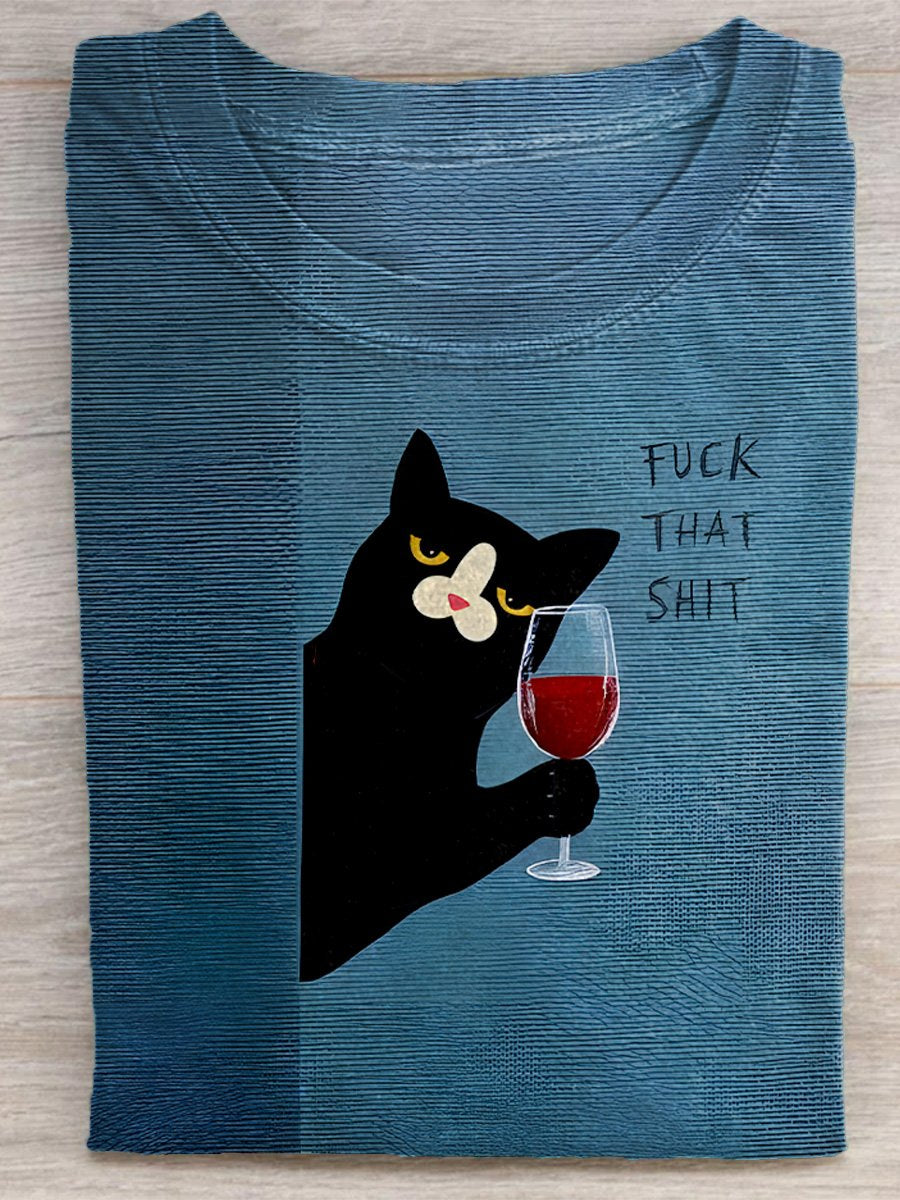Funny Cat Wineglass Fock This Shat Art Print Unisex Tee
