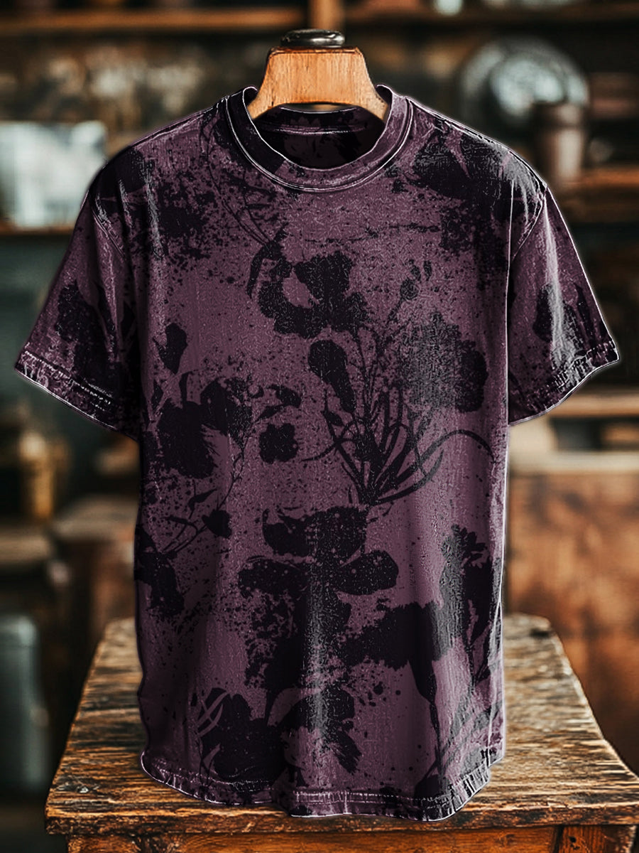 Unisex Retro Abstract Ink Floral Print Casual Tee