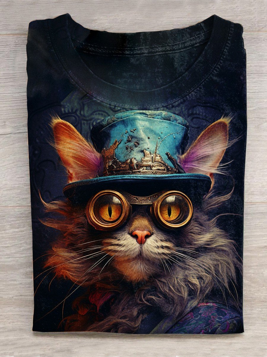 Retro Cat Art Print Casual Unisex Tee