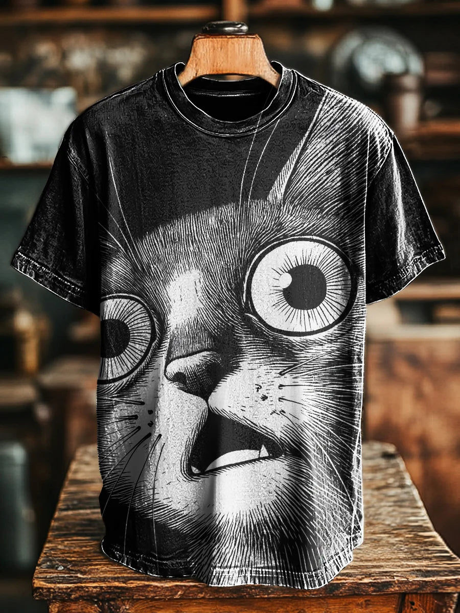 Unisex Fun Surprise Cat Print Casual Tee