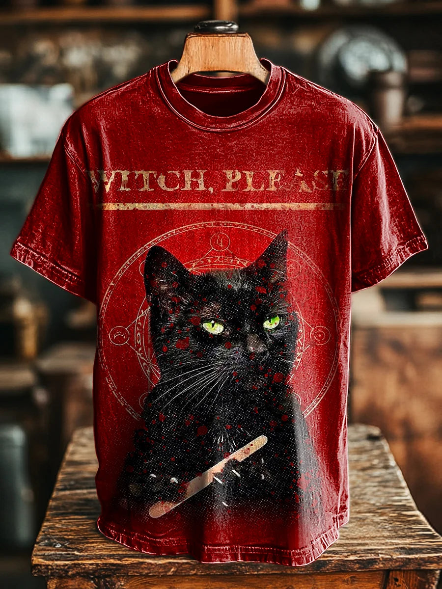 Unisex Fun Black Cat Print Casual Tee