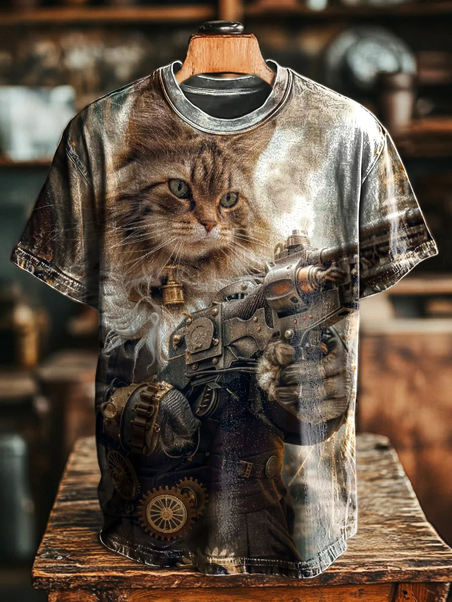 Unisex Fun Cat Special Forces Print Casual Loose Tee