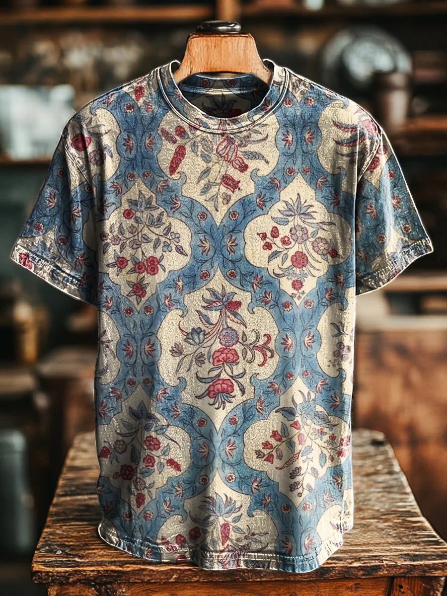Unisex Retro Geometric Floral Print Casual Loose Tee