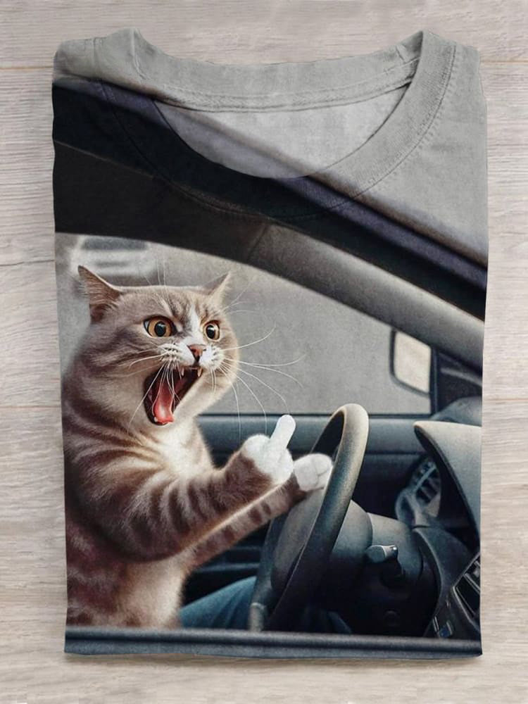 Angry Kitten Driver Funny Art Printed Unisex Tee