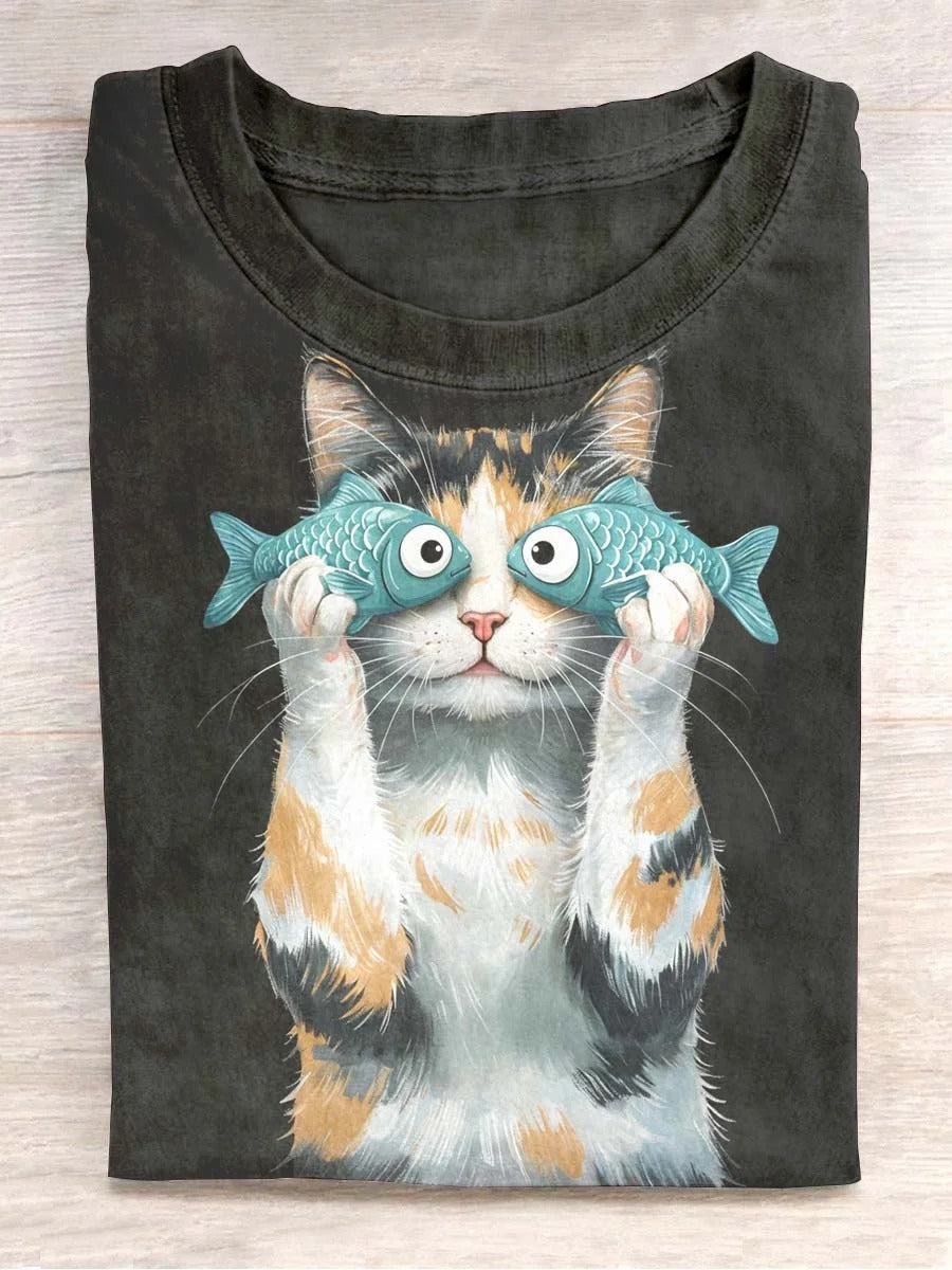 FISH Eye Funny Cat Art Print Unisex Tee