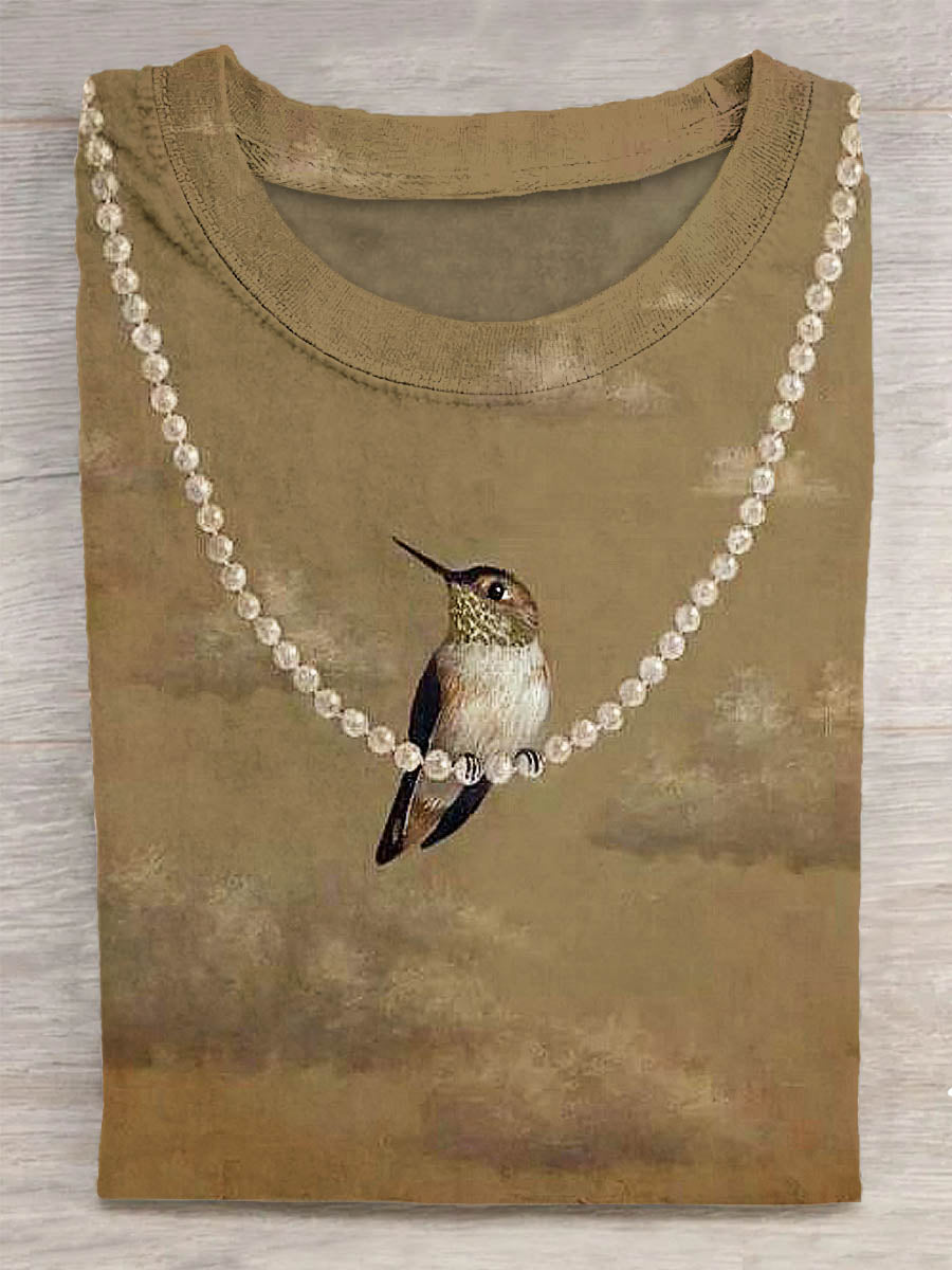 Unisex Pearl Necklace And Bird Printed Unisex Tee