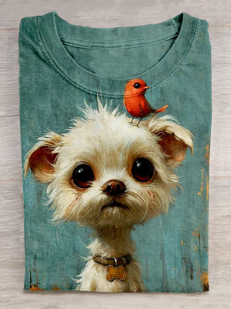 Cute Dog And Bird Art Print Unisex Tee