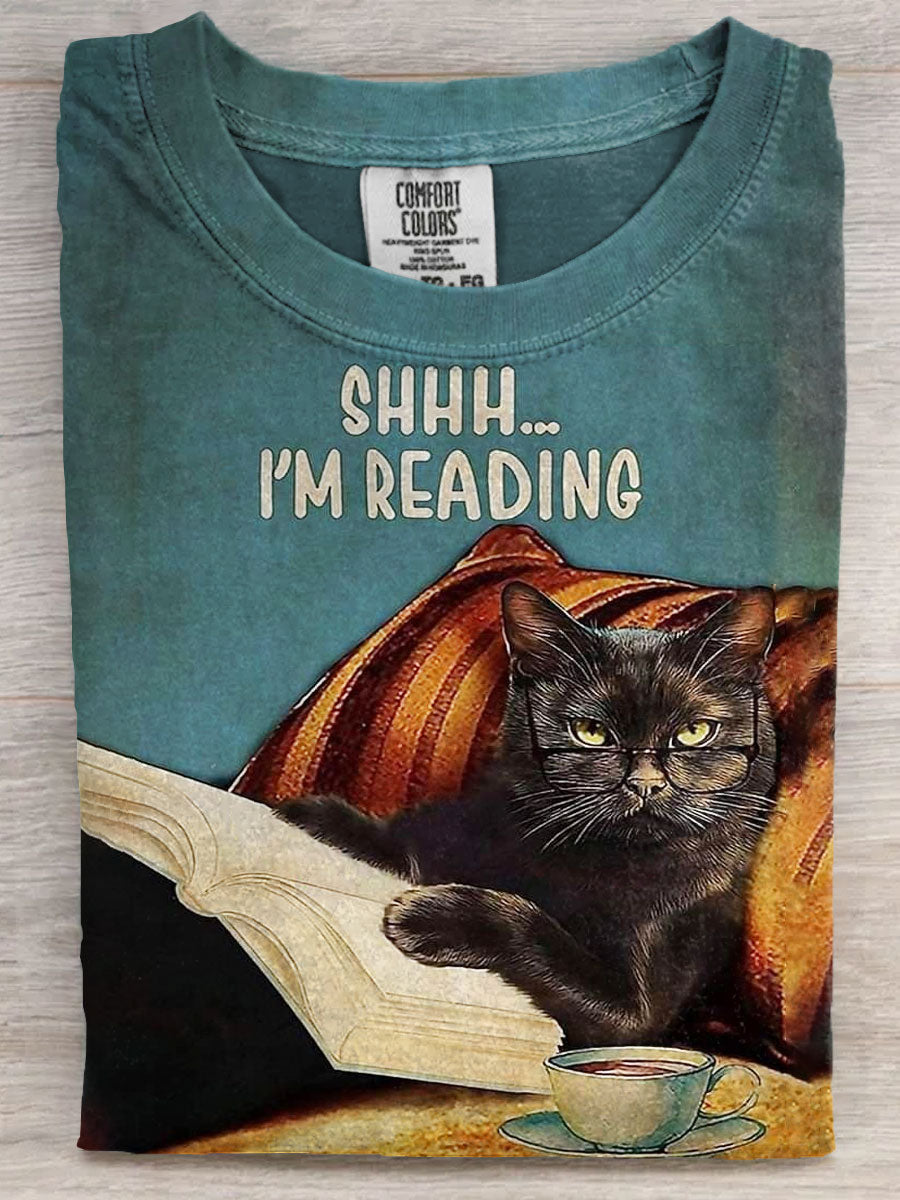 Vintage Reading Lover Funny Cat Art Print Unisex Tee
