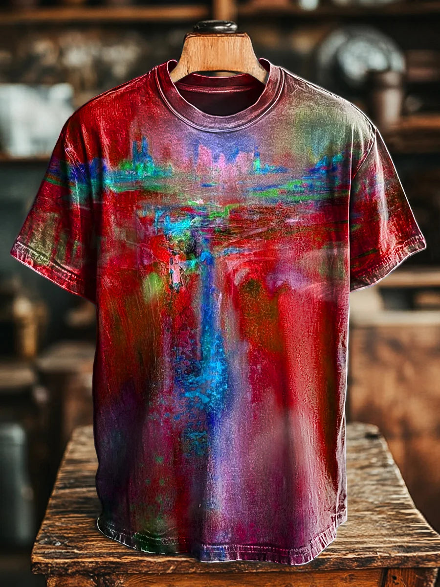 Unisex Vintage Abstract Waterfall Painting Print Casual Tee