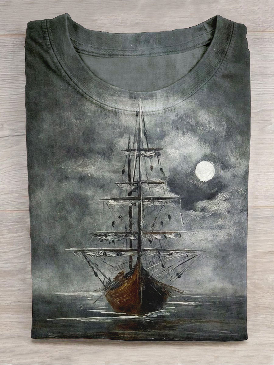 Retro Oil Painting Sailing Boat Abstract Print Design Unisex Tee