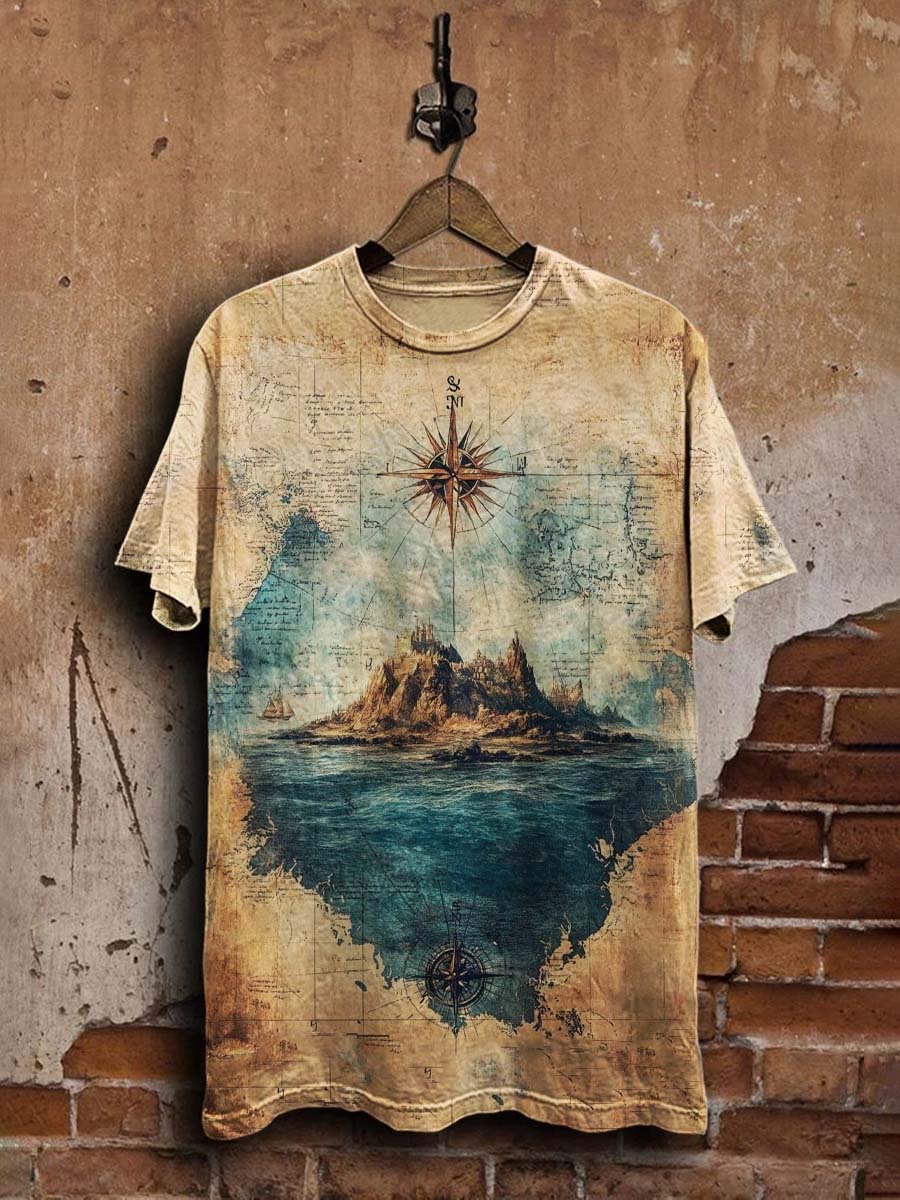 Unisex Vintage Nautical Compass Island Print Casual Tee