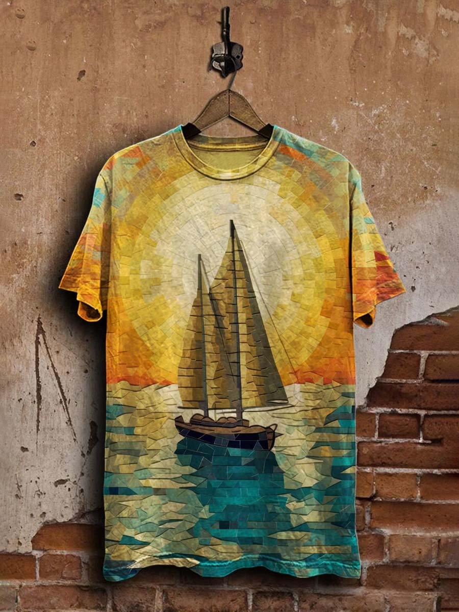 Unisex Abstract Colorful Sunset Sailboat Print Casual Tee