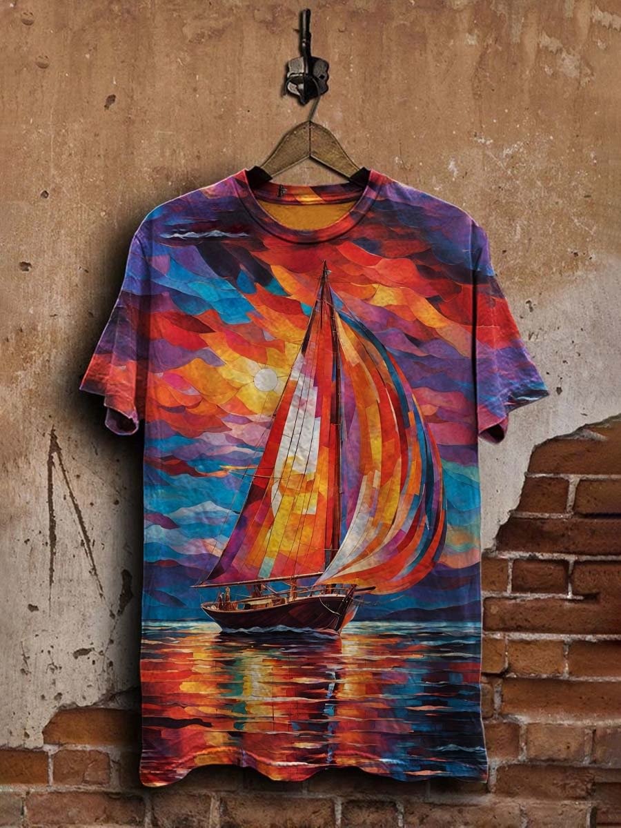 Unisex Abstract Colorful Sunset Sailboat Casual Tee