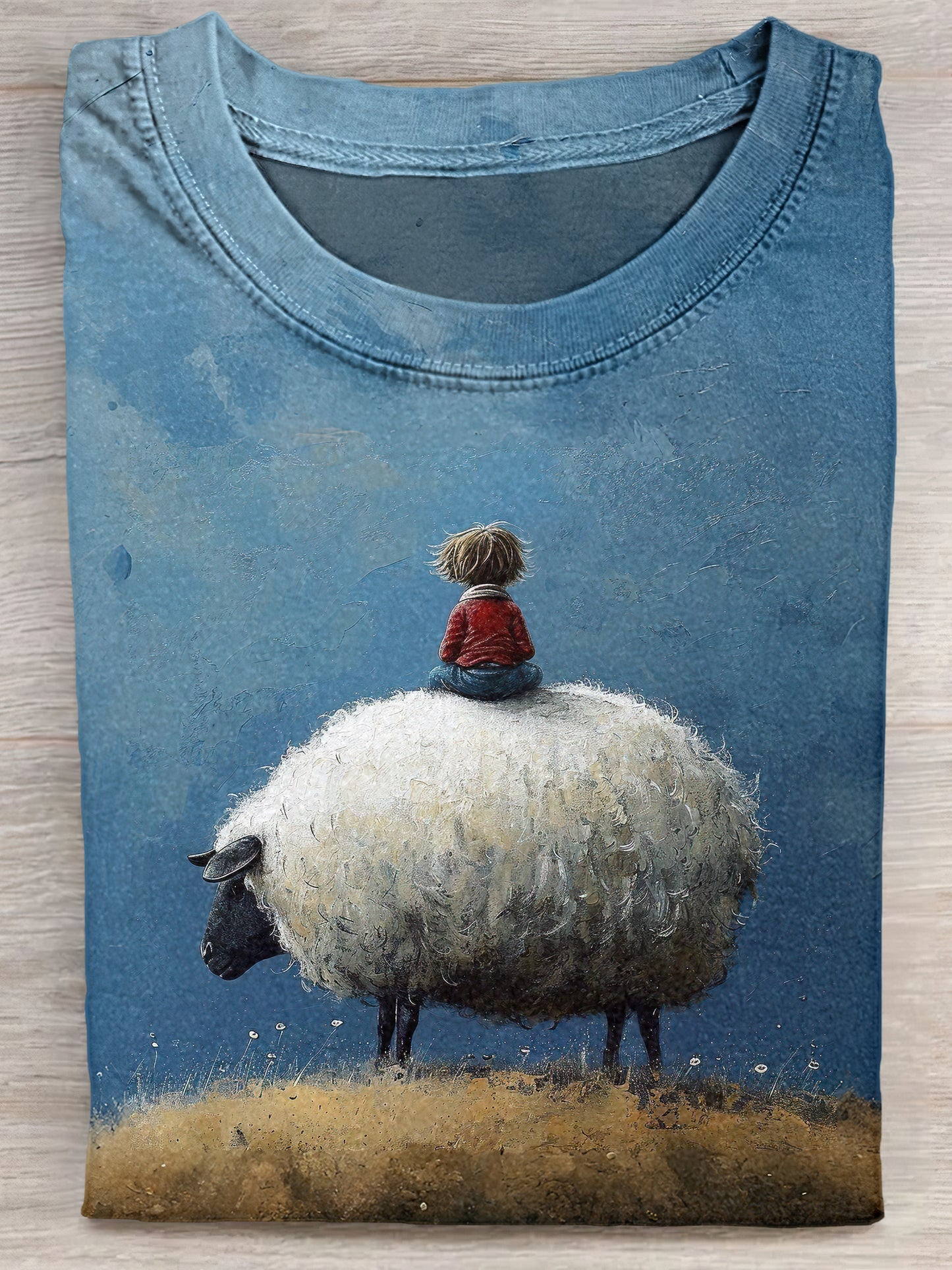 Boy Riding Sheep Quiet Picture Art Print Unisex Tee
