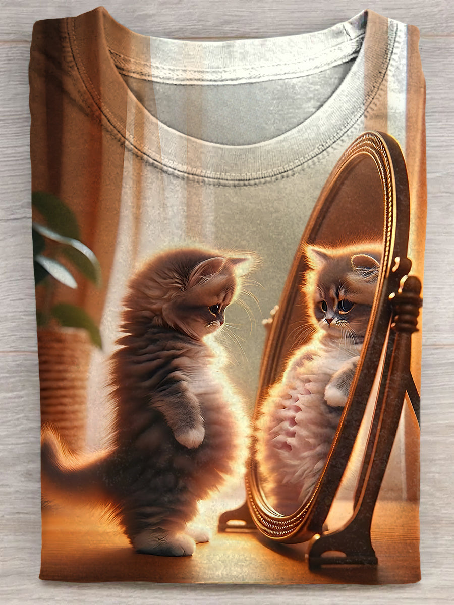 Fluffy Kitten Curiously Looking At The Mirror Unisex Tee
