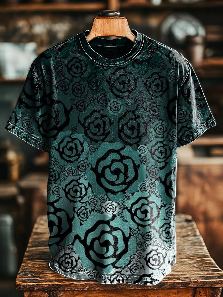 Unisex Retro Gradient Line Floral Print Casual Loose Tee