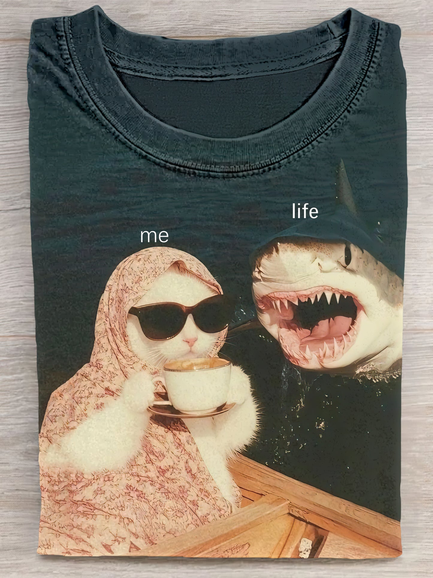 Shark Watching Cat Drinking Coffee Unisex Tee