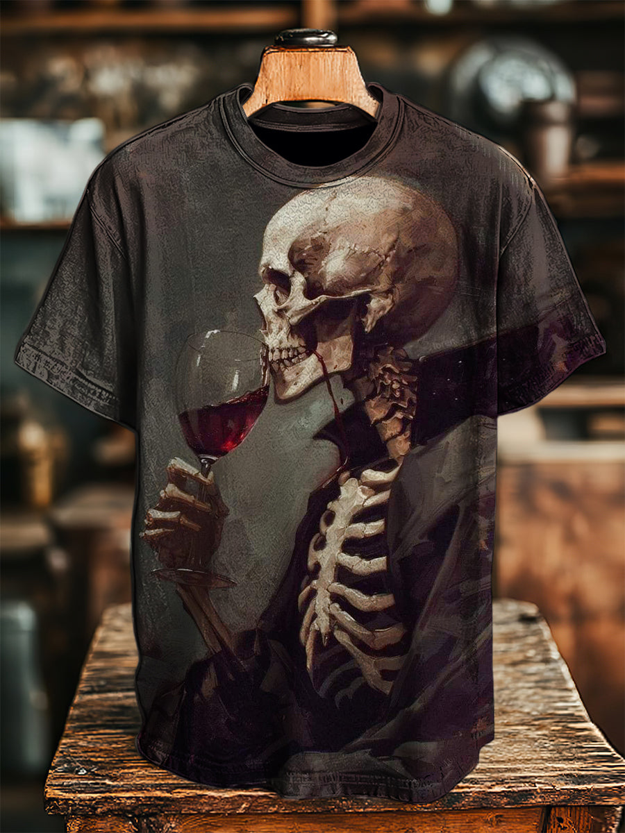 Unisex Funny Drunk Skeleton Art Print Tee