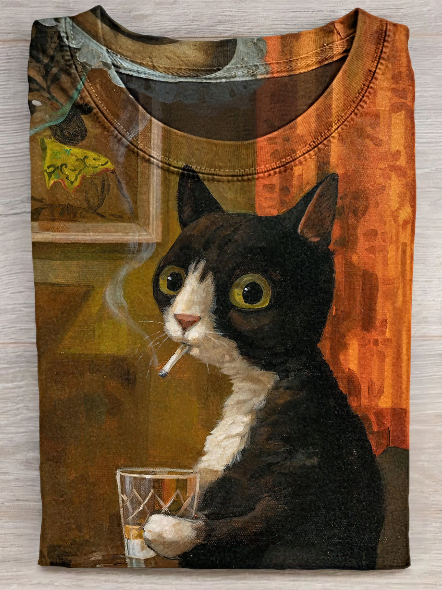 Vintage Cat Drinking And Smoking Unisex Tee