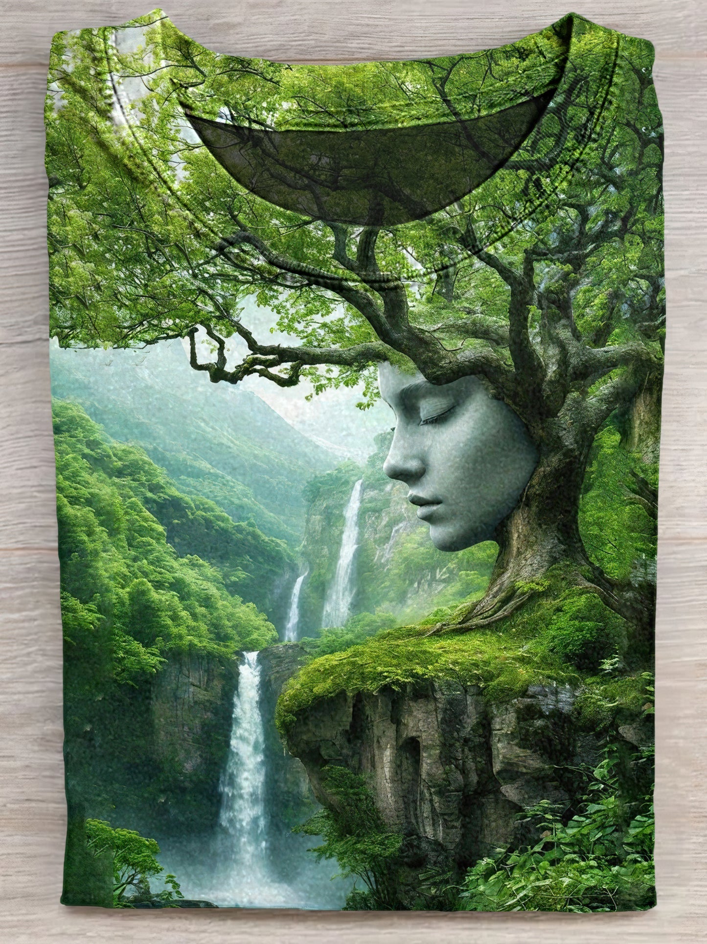 Serene Face in the Leaves Landscape Unisex Tee