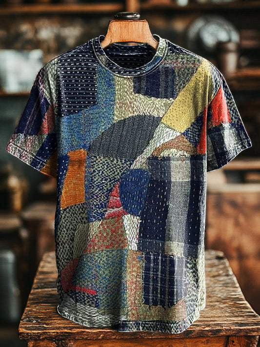 Unisex Retro Geometric Patchwork Print Casual Loose Tee