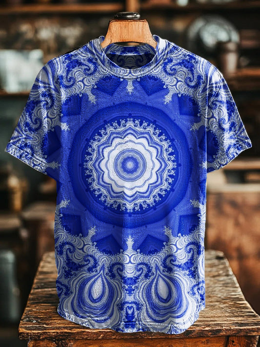 Unisex Retro Blue Mandala Pattern Art Print Tee