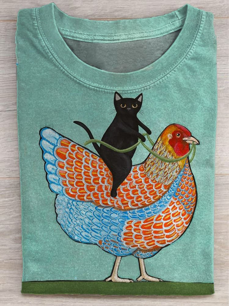 Cat Riding Chicken Print  Unisex Tee