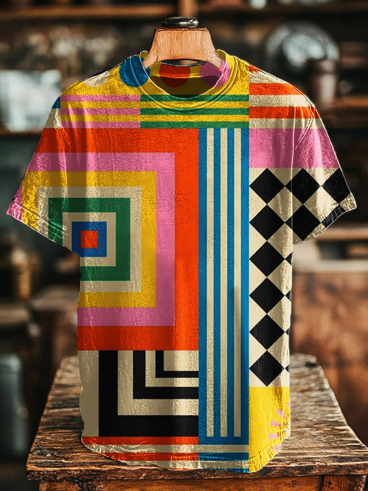 Unisex Vintage Ethnic Color Block Print Casual Tee