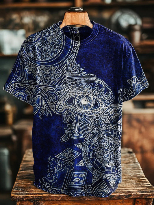 Unisex Vintage Blue Ethnic Print Casual Tee