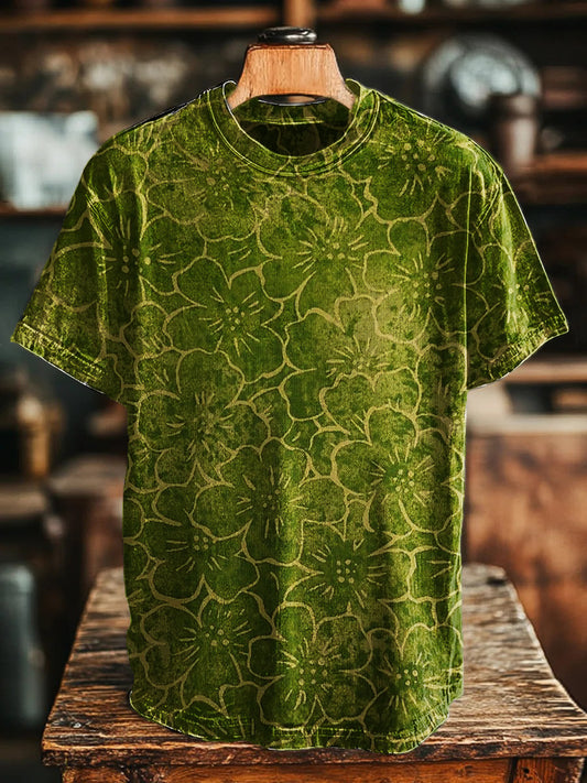 Unisex Vintage Green Floral Print Casual Tee