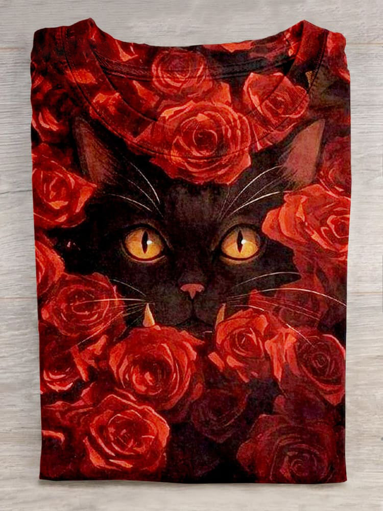 Black Cat In The Flowers Art Print Unisex Tee