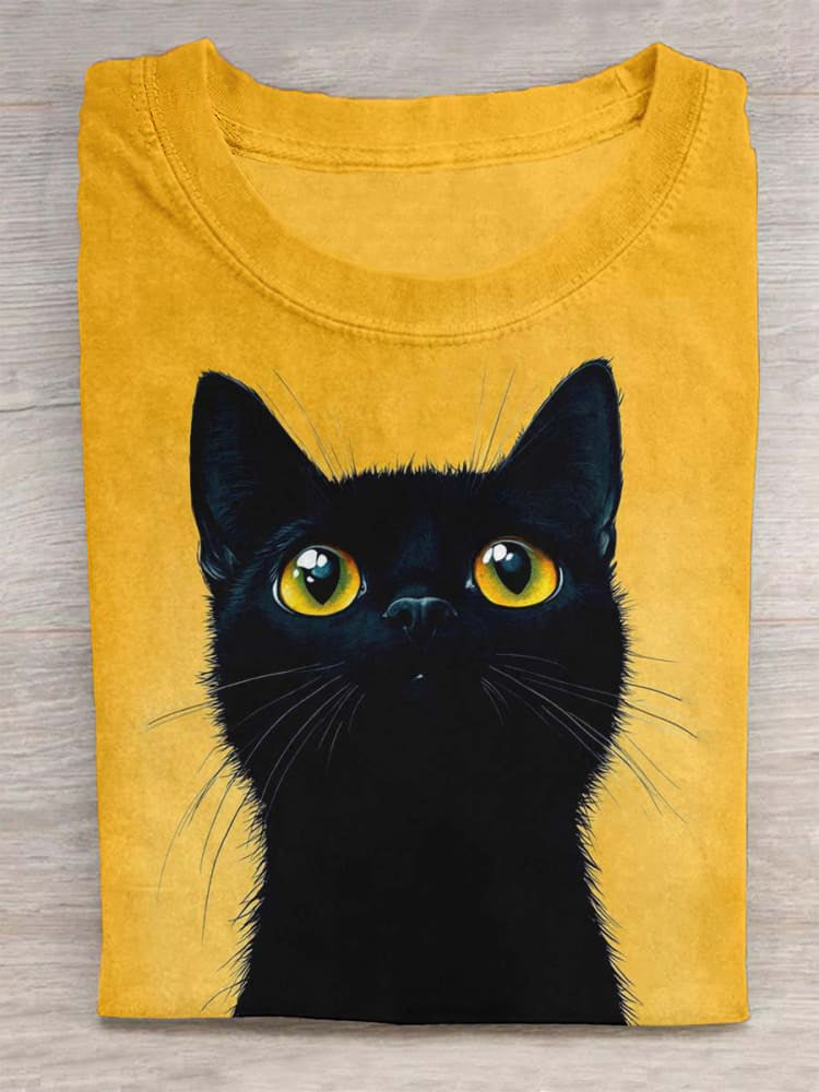 Cute Black Cat in Front of Yellow Background Print Unisex Tee
