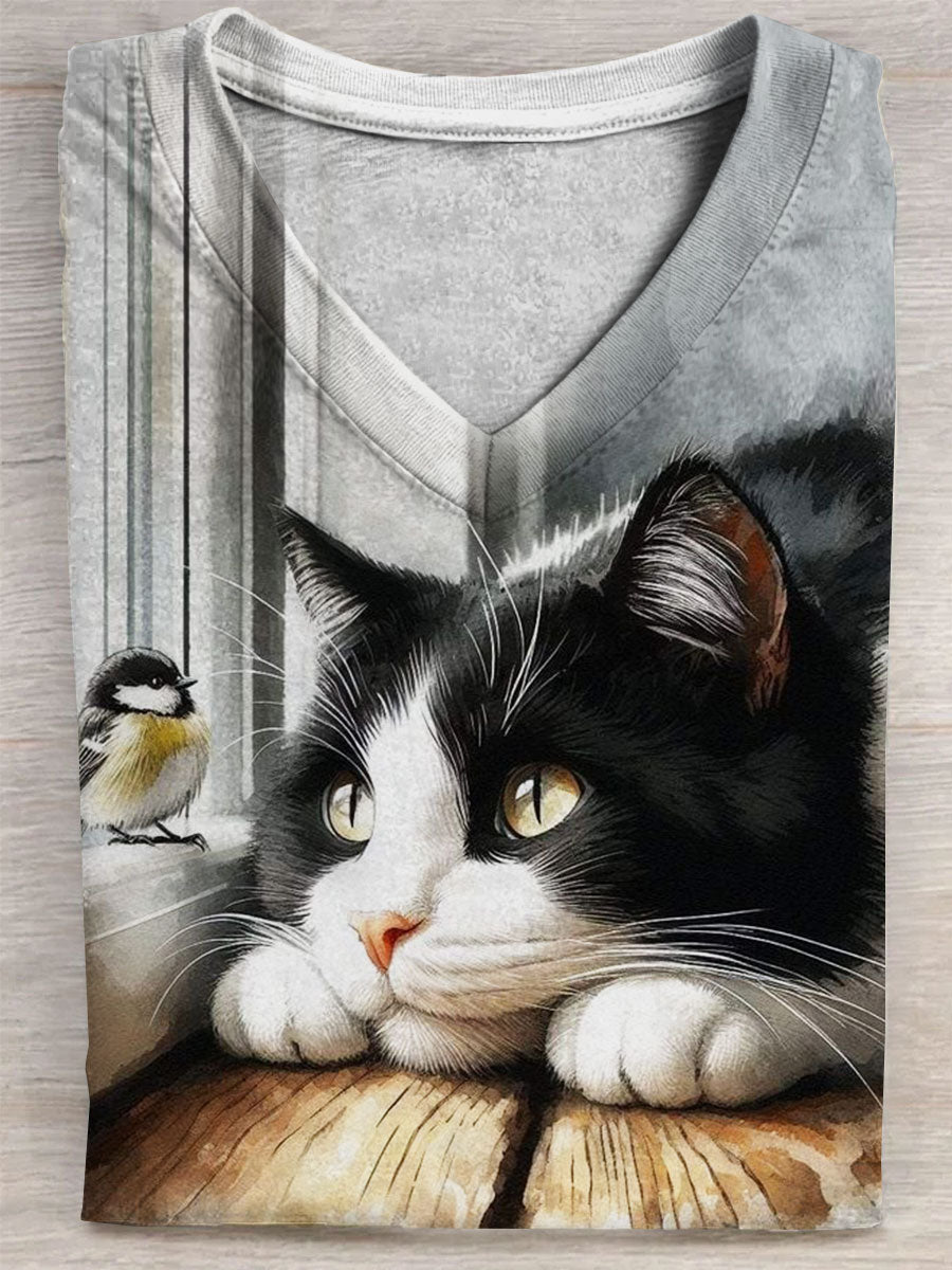 Cat Print V-neck Unisex Tee