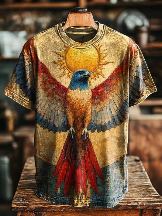 Unisex Vintage Colorful Flying Bird Print Casual Tee