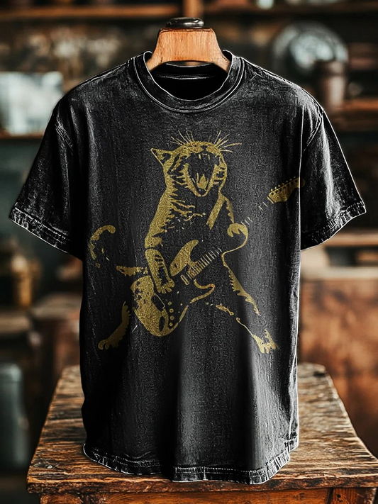 Unisex Vintage Abstract Rock Cat Print Casual Tee