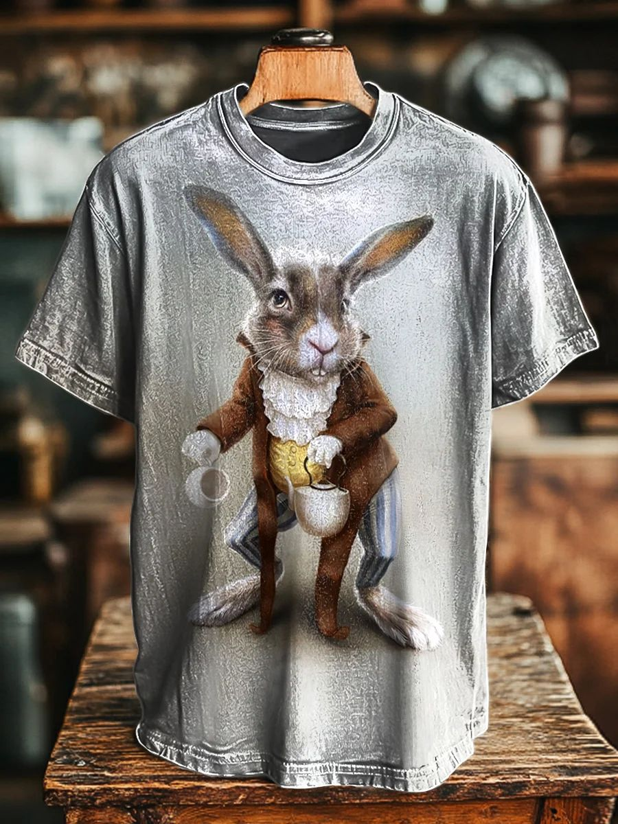 Unisex Funny Bunny Drinking Tea Print Casual Tee