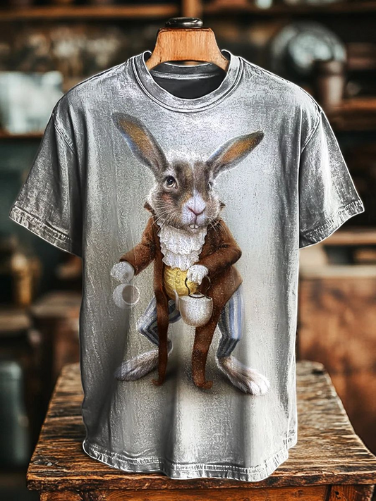 Unisex Funny Bunny Drinking Tea Print Casual Tee