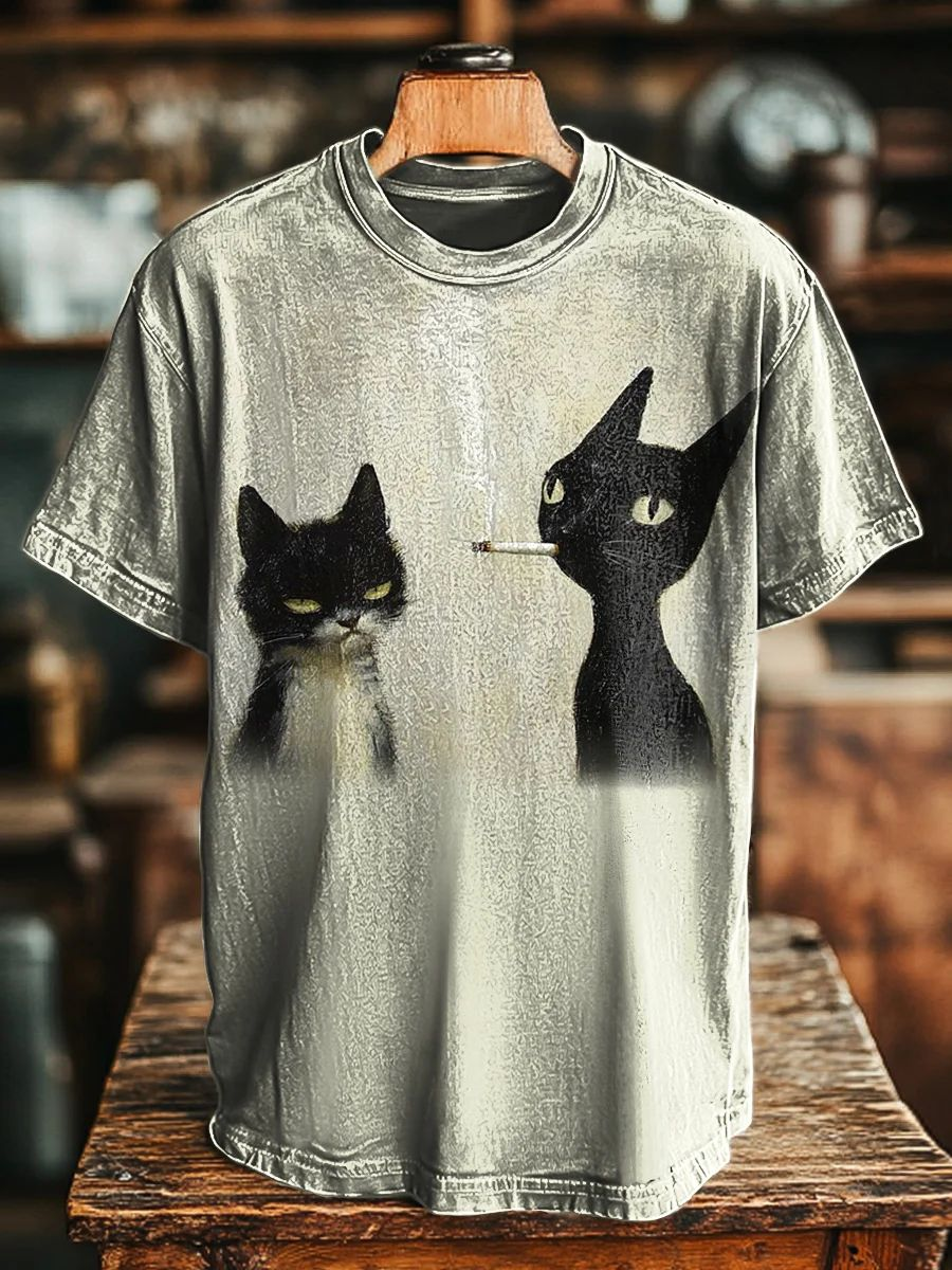Unisex Fun Smoking Cat Print Casual Tee
