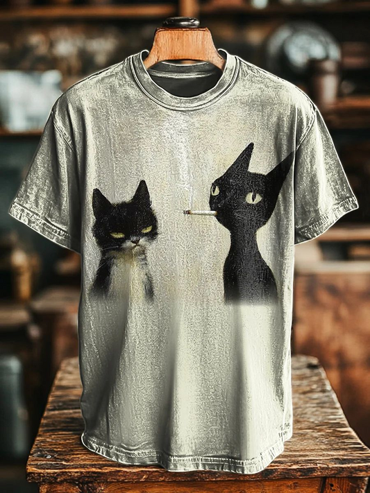 Unisex Fun Smoking Cat Print Casual Tee