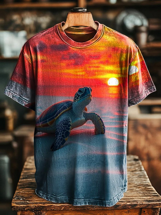 Unisex Vintage Turtle Sunset Print Casual Tee