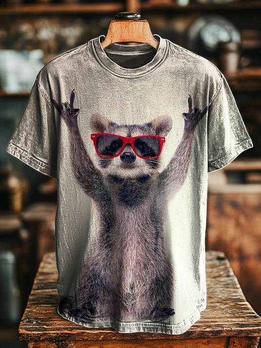 Unisex Retro Rock Raccoon Print Casual Tee