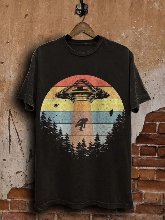 Unisex Vintage Ape Spaceship Print Casual Tee