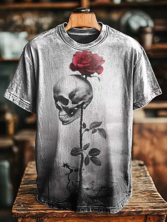Unisex Vintage Skull Rose Print Casual Tee