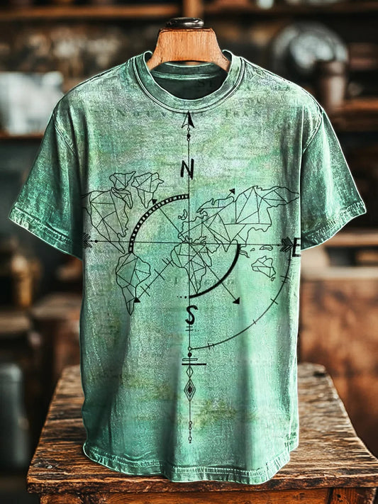 Unisex Vintage Map Compass Print Casual Tee