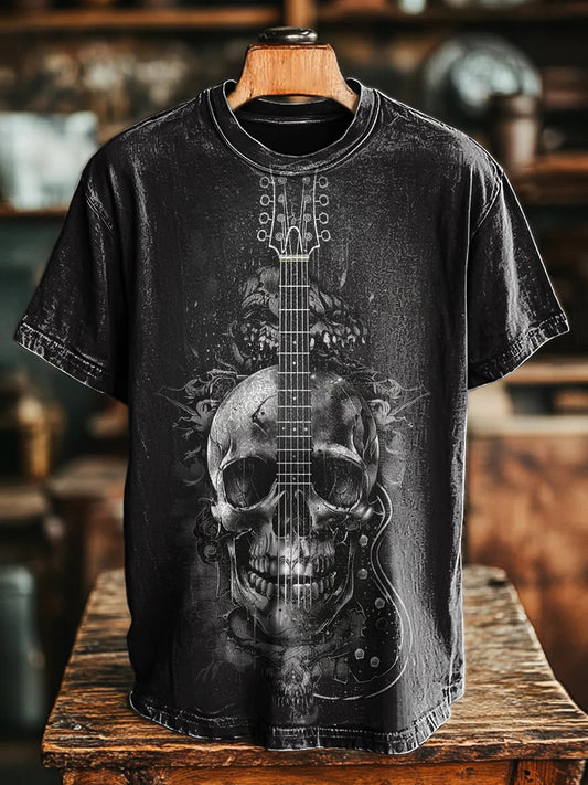 Unisex Vintage Guitar Skull Print Casual Tee