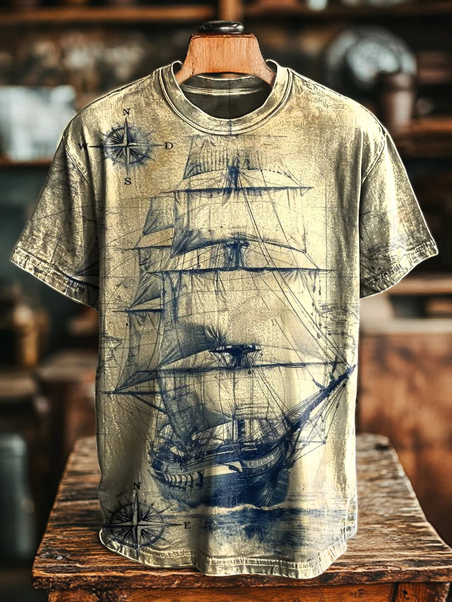 Unisex Vintage Aged Sailboat Nautical Print Casual Tee