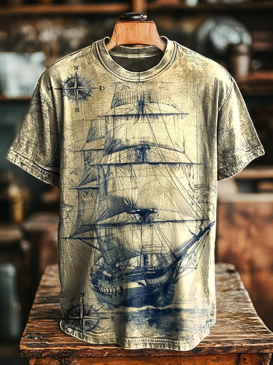 Unisex Vintage Aged Sailboat Nautical Print Casual Tee