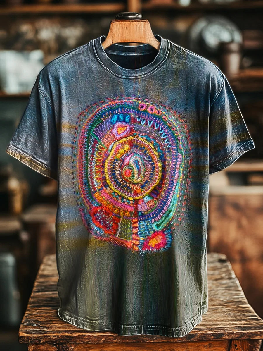 Unisex Vintage Line Embroidery Printed Casual Loose Tee