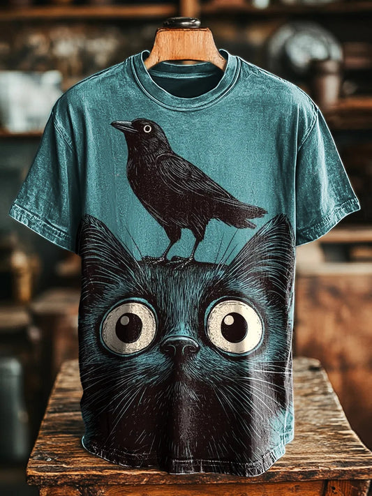 Unisex Vintage Black Cat Crow Print Casual Tee